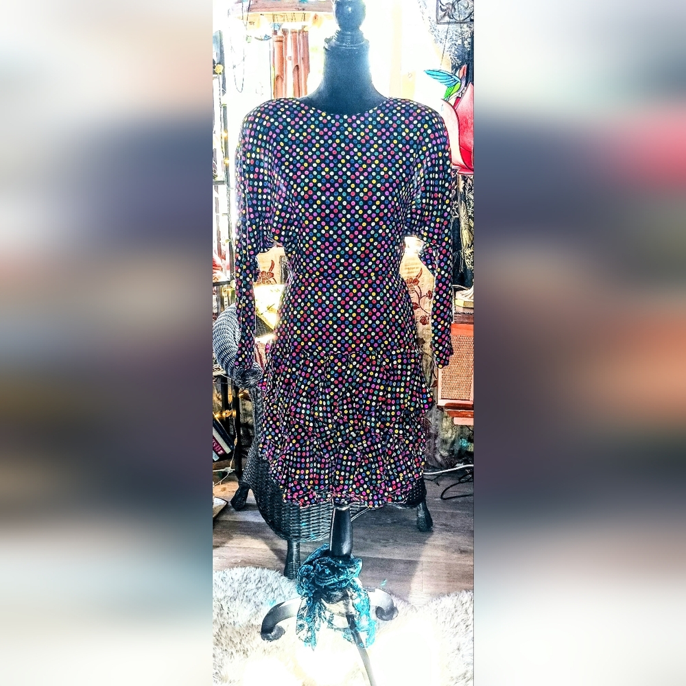 Vintage Minty 90's Ruffle Bohemain Swing Polka Dot Long Sleeve Dress 6